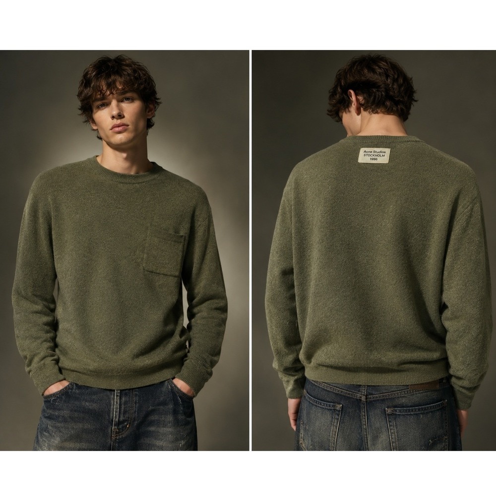 NEW Acne Studios 100% Cashmere Crewneck Sweater Green Large Pocket Knit